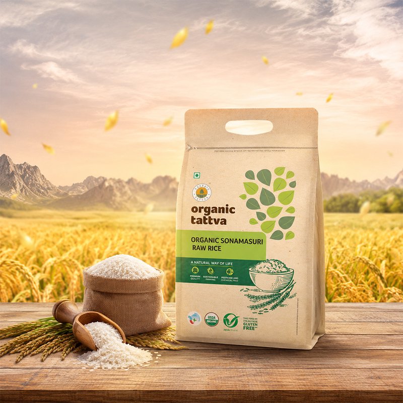 Organic Tattva Sonamasuri Raw Rice | Premium Organic White Sonamasuri Rice | Lightweight Rice | Everyday Cooking Rice