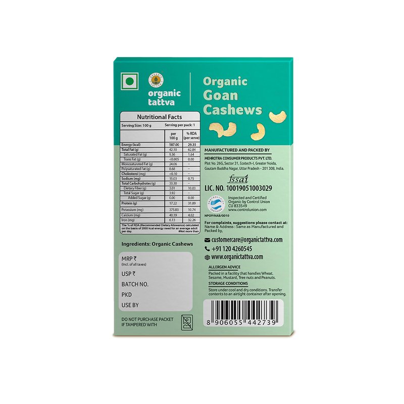 Organic Tattva Cashews | High-Quality Whole Cashew | Healthy Cashew Nuts | Crunchy And Creamy Dry Fruits for Snacking & Baking