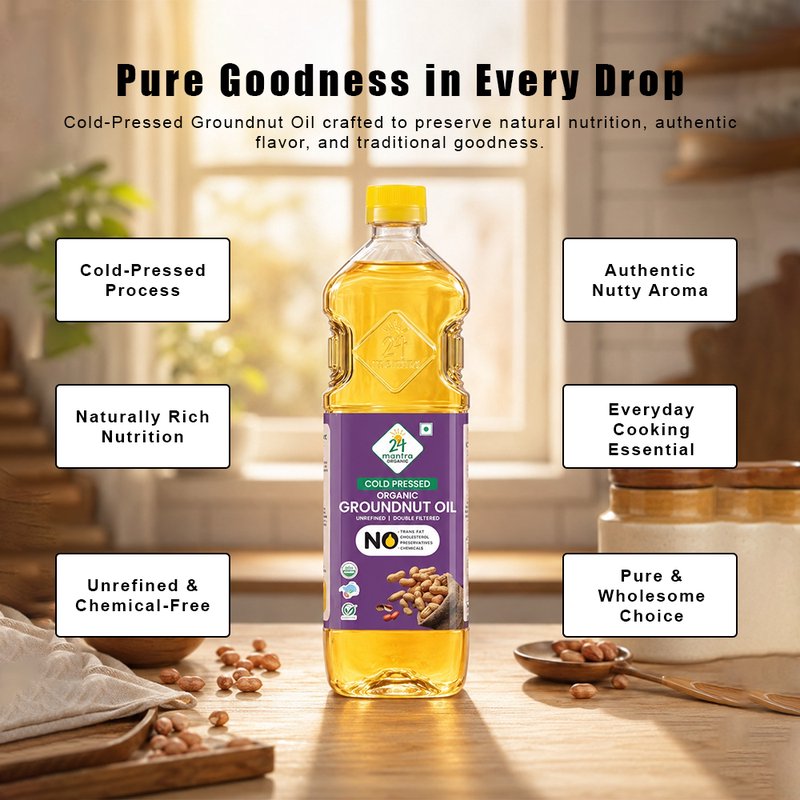 24 Mantra Organic Cold Pressed Groundnut Oil | Wood Pressed Peanut Oil | 100% Organic | Unrefined Cooking Oil