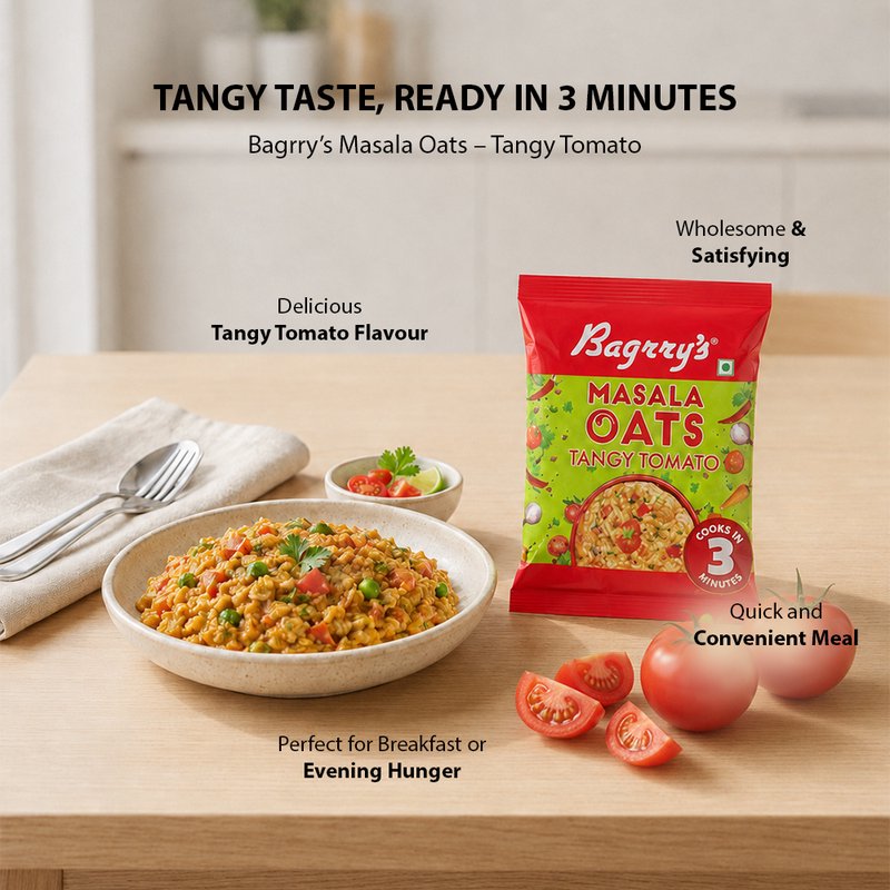 Bagrry’s Masala Oats Tangy Tomato | Instant Savory Oats Meal | High Fiber Healthy Breakfast & Snack | Delicious Tangy Tomato Flavor for Quick Daily Nutrition