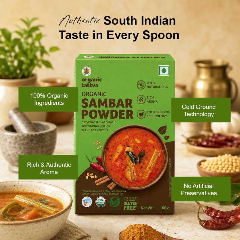 Organic Tattva Sambar Powder | Authentic South Indian Sambar Masala | Premium Spice Blend | Traditional Sambar Mix