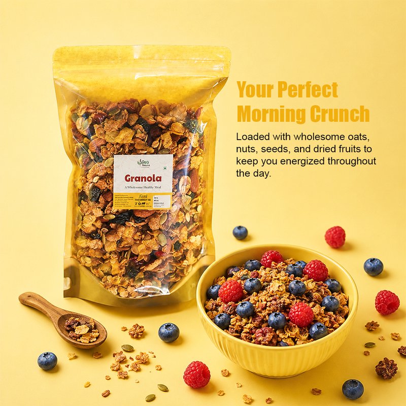 Desi Mantra Granola | Crunchy Healthy Breakfast Cereal | Loaded with Oats, Nuts & Seeds | Rich in Fiber & Protein | Perfect for Milk, Yogurt & Anytime Snacking thumbnail 2