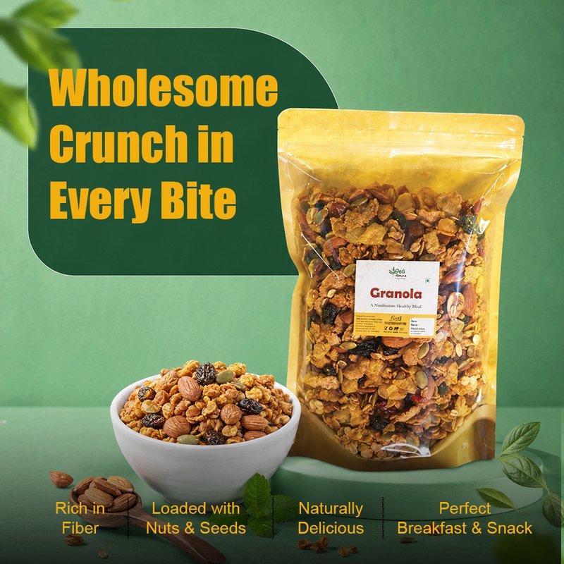 Desi Mantra Granola | Crunchy Healthy Breakfast Cereal | Loaded with Oats, Nuts & Seeds | Rich in Fiber & Protein | Perfect for Milk, Yogurt & Anytime Snacking thumbnail 3