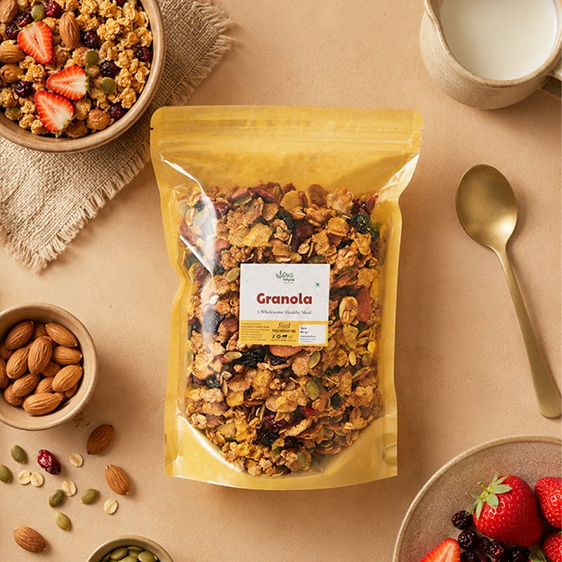 Desi Mantra Granola | Crunchy Healthy Breakfast Cereal | Loaded with Oats, Nuts & Seeds | Rich in Fiber & Protein | Perfect for Milk, Yogurt & Anytime Snacking thumbnail 4