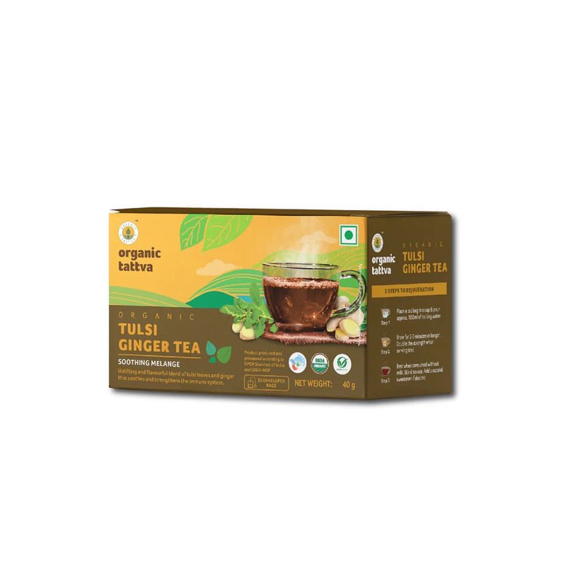 Organic Tattva Tulsi Ginger Tea | 20 Tea Bags | Tulsi Tea with Ginger | Wellness Tea