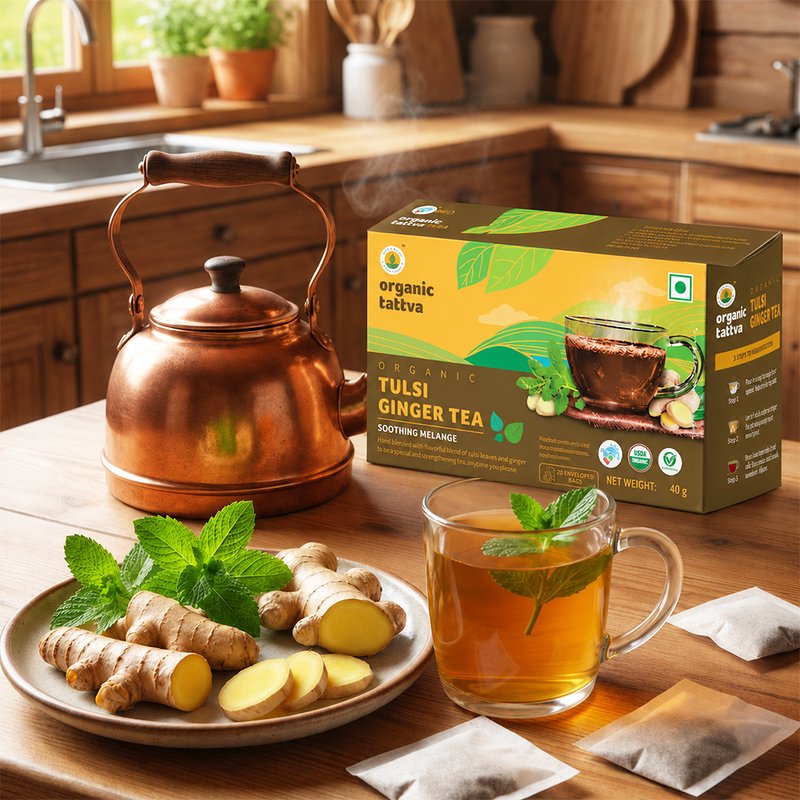 Organic Tattva Tulsi Ginger Tea | 20 Tea Bags | Tulsi Tea with Ginger | Wellness Tea