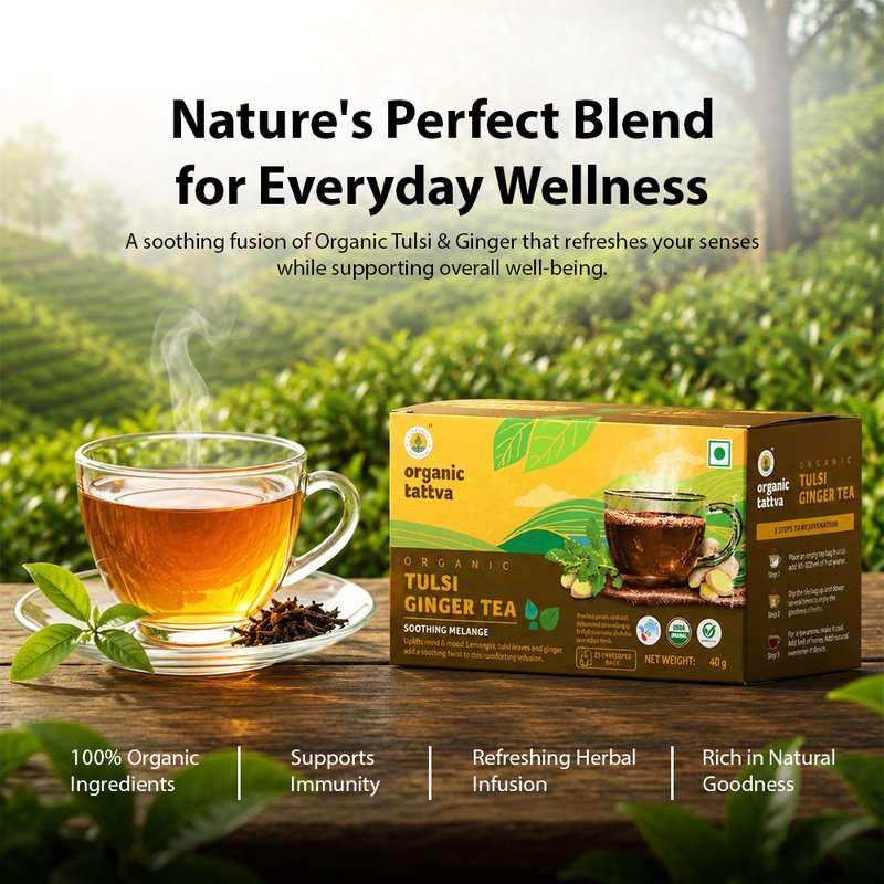 Organic Tattva Tulsi Ginger Tea | 20 Tea Bags | Tulsi Tea with Ginger | Wellness Tea