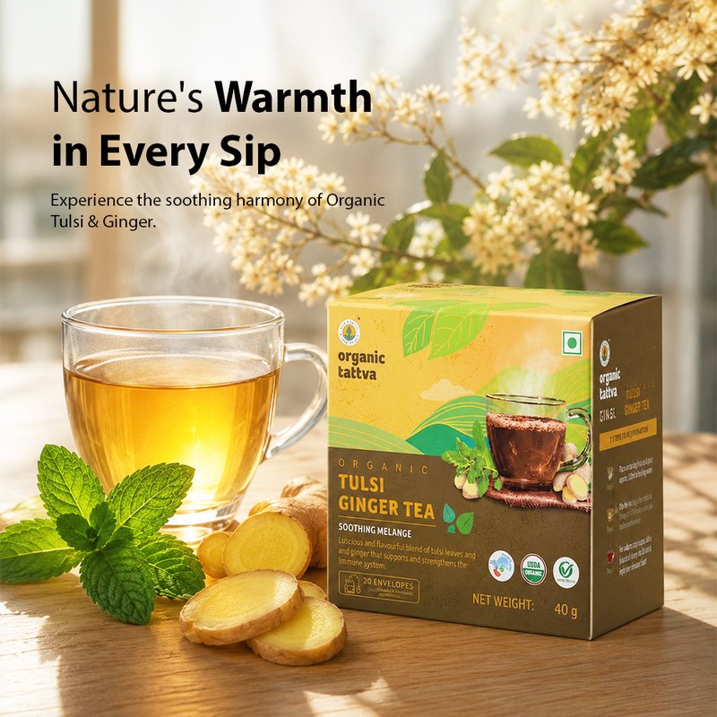 Organic Tattva Tulsi Ginger Tea | 20 Tea Bags | Tulsi Tea with Ginger | Wellness Tea