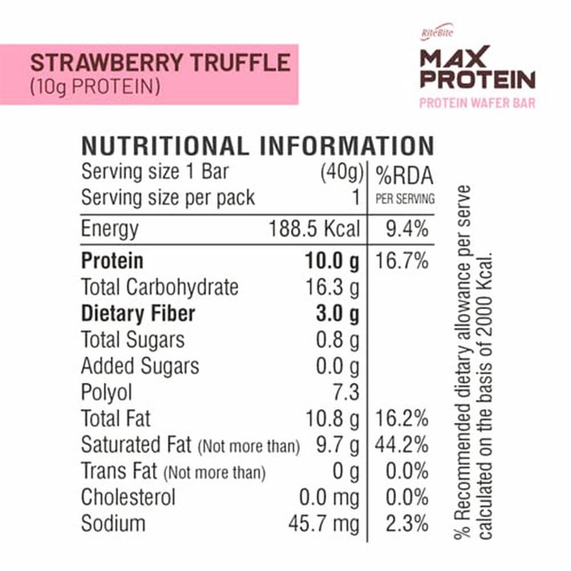 RiteBite Max Protein Strawberry Truffle Millet Wafer Bar | 10g Protein | Zero Added Sugar | No Maida | No Palm Oil | Crunchy Healthy Snack | 40g thumbnail 3