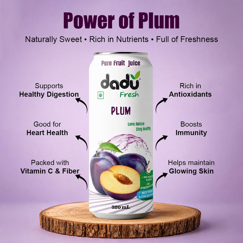 Dadu Fresh Plum Juice | 4 Cans Combo | 100% Natural Plum Fruit Juice | Antioxidant & Fiber Rich Healthy Beverage | No Added Sugar, No Preservatives & Not From Concentrate | Refreshing Drink for Digestion, Immunity, Hydration & Daily Wellness | Vitamin Rich Fruit Juice for Kids & Adults thumbnail 3