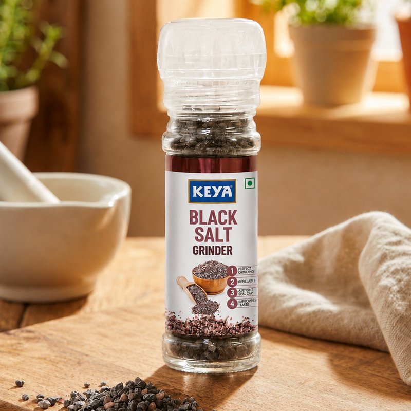 Keya Black Salt Grinder | Premium Kala Namak Seasoning | Freshly Ground Tangy Flavor | Adjustable Grinder for Salads, Fruits, Snacks & Everyday Cooking