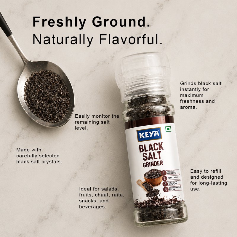 Keya Black Salt Grinder | Premium Kala Namak Seasoning | Freshly Ground Tangy Flavor | Adjustable Grinder for Salads, Fruits, Snacks & Everyday Cooking