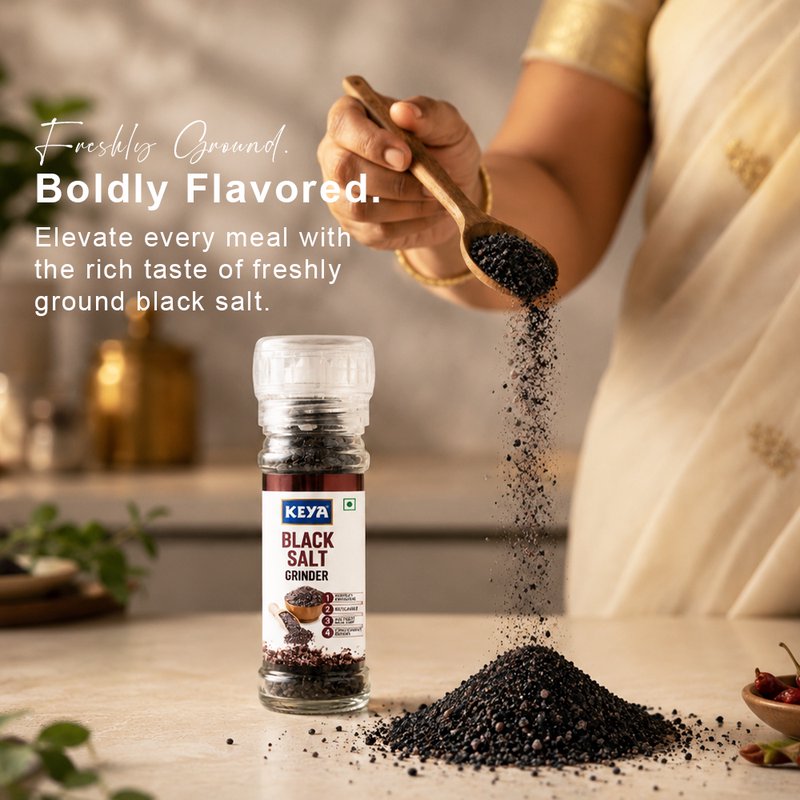 Keya Black Salt Grinder | Premium Kala Namak Seasoning | Freshly Ground Tangy Flavor | Adjustable Grinder for Salads, Fruits, Snacks & Everyday Cooking
