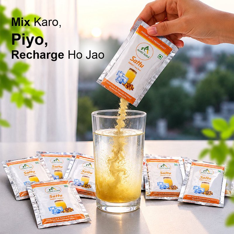 Agro Aura Sattu Sweet Premix Sachets | Instant Energy Drink Mix | High Protein & Fibre | Pack of 10 thumbnail 2
