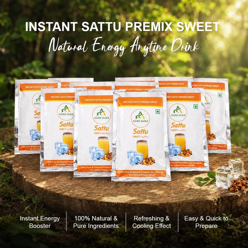 Agro Aura Sattu Sweet Premix Sachets | Instant Energy Drink Mix | High Protein & Fibre | Pack of 10 thumbnail 3
