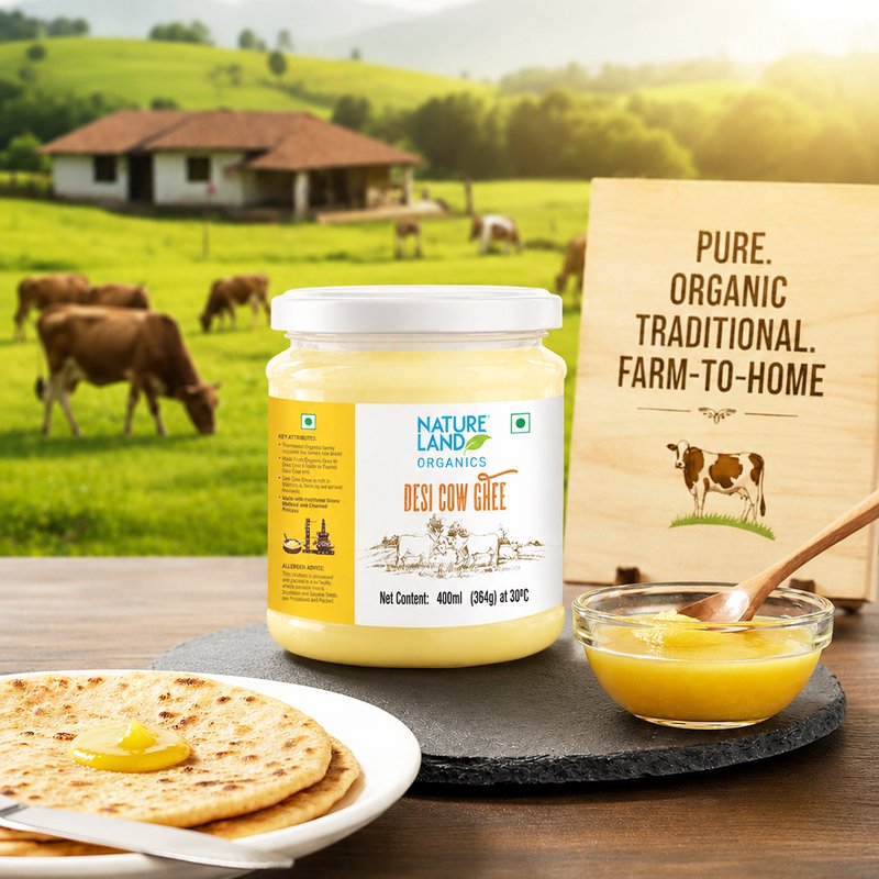 Natureland Organics Premium Desi Cow Ghee | 100% Organic Cow Ghee | Rich Aroma & Granular Texture | Ideal for Cooking, Frying & Traditional Recipes