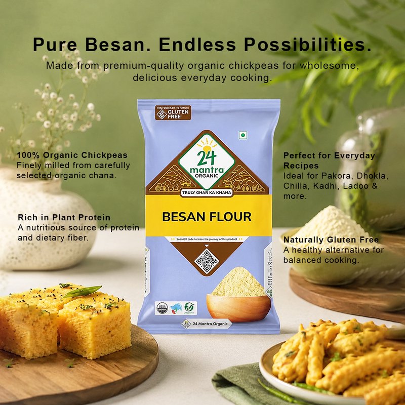 24 Mantra Organic Besan | Gram Flour | Chana Besan | 100% Organic | Fine Ground Flour | Cooking & Baking