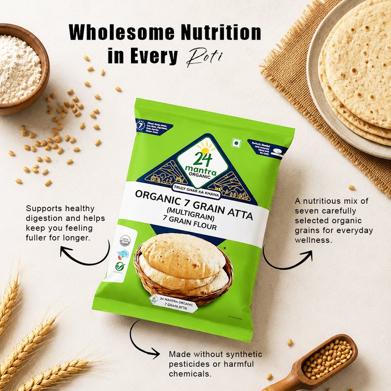 24 Mantra Organic 7 Grain Atta | Multigrain Flour | Wheat, Millets & Pulses Blend | 100% Organic | Soft Rotis
