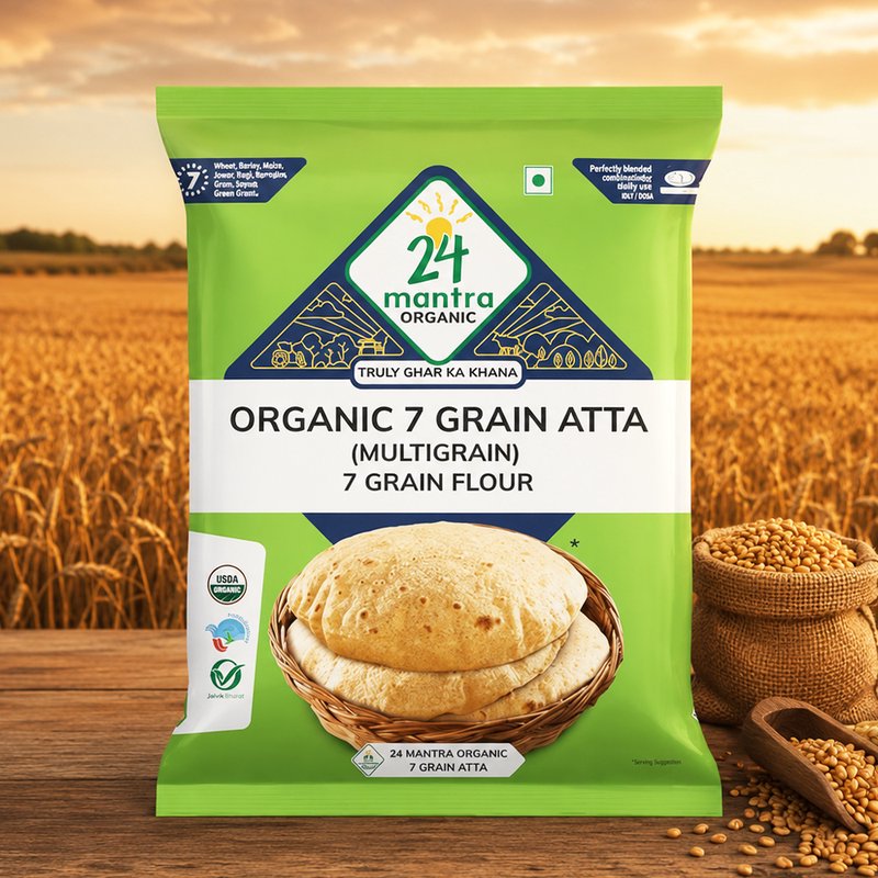 24 Mantra Organic 7 Grain Atta | Multigrain Flour | Wheat, Millets & Pulses Blend | 100% Organic | Soft Rotis