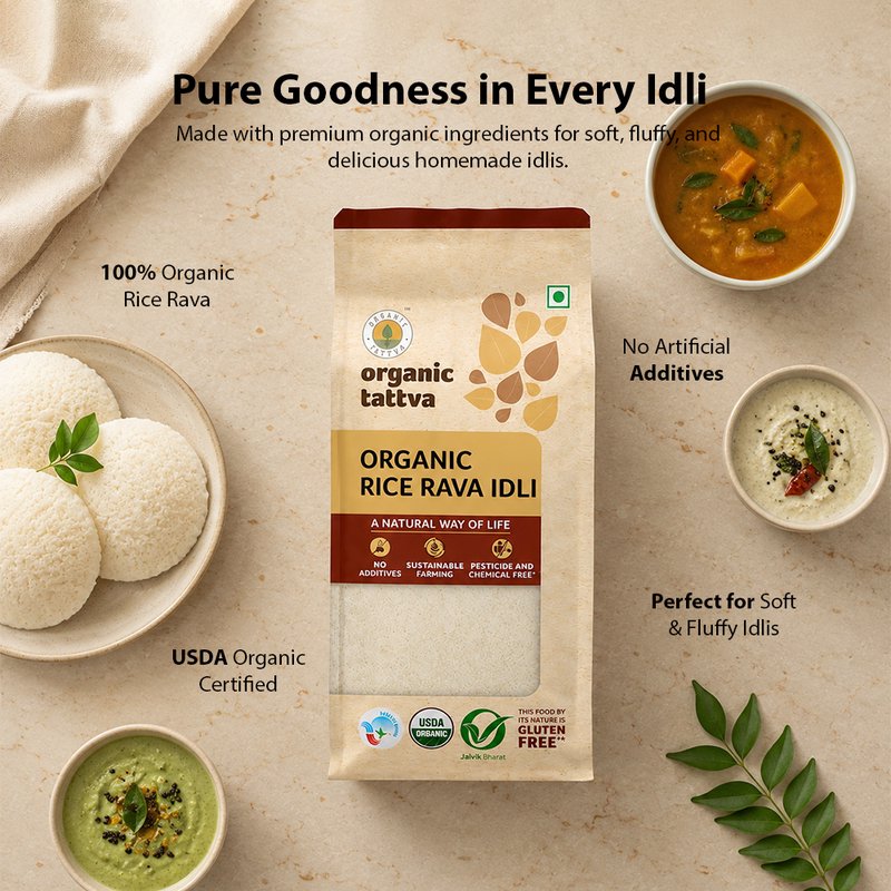 Organic Tattva Rice Rava Idli Mix | Ready Idli Mixture | Soft and Fluffy South Indian Breakfast Mix