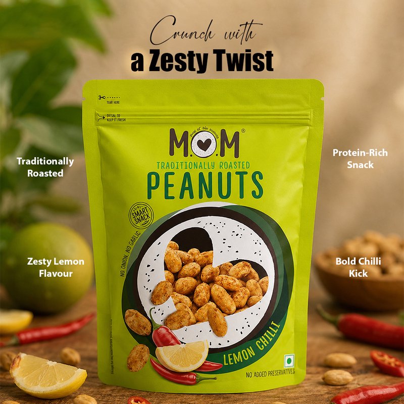 MOM Roasted Lemon Chilli Peanuts 140g | Citrus Flavoured Roasted Peanuts | Snack Ready to Eat | Family Size Pack