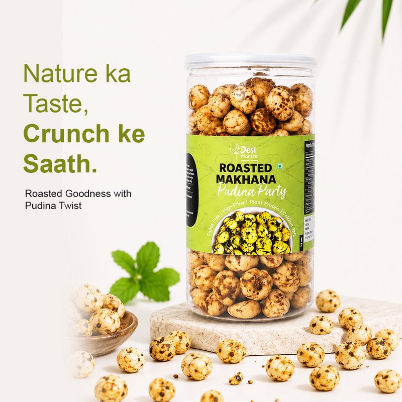 Desi Mantra Roasted Makhana Pudina Party | Crunchy Mint Flavored Fox Nuts Snack | Light & Healthy Roasted Makhana | Rich in Protein & Fiber | Perfect for Anytime Snacking thumbnail 4
