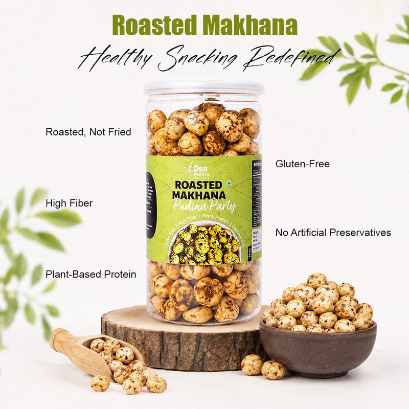 Desi Mantra Roasted Makhana Pudina Party | Crunchy Mint Flavored Fox Nuts Snack | Light & Healthy Roasted Makhana | Rich in Protein & Fiber | Perfect for Anytime Snacking thumbnail 5