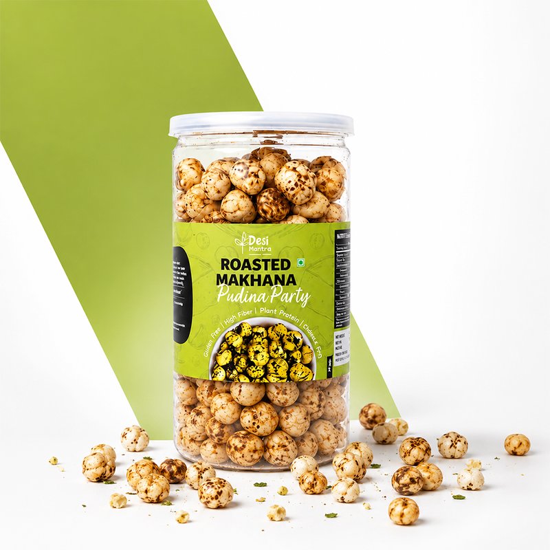 Desi Mantra Roasted Makhana Pudina Party | Crunchy Mint Flavored Fox Nuts Snack | Light & Healthy Roasted Makhana | Rich in Protein & Fiber | Perfect for Anytime Snacking thumbnail 6