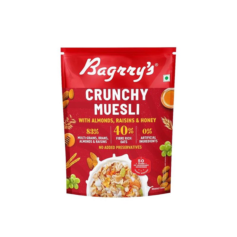 Bagrry's Crunchy Muesli Almond & Honey 425g | High-Fibre Breakfast Cereal with Whole Grains, Almonds & Honey | Crunchy Healthy Breakfast for Energy & Daily Nutrition