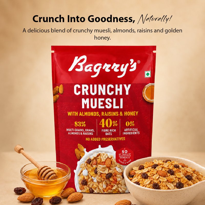 Bagrry's Crunchy Muesli Almond & Honey 425g | High-Fibre Breakfast Cereal with Whole Grains, Almonds & Honey | Crunchy Healthy Breakfast for Energy & Daily Nutrition
