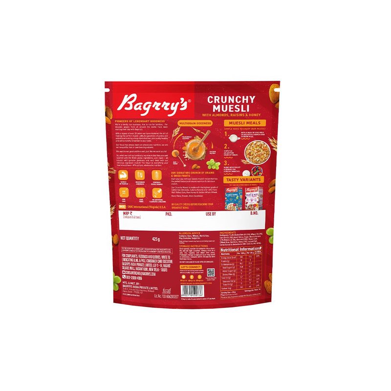 Bagrry's Crunchy Muesli Almond & Honey 425g | High-Fibre Breakfast Cereal with Whole Grains, Almonds & Honey | Crunchy Healthy Breakfast for Energy & Daily Nutrition thumbnail 2