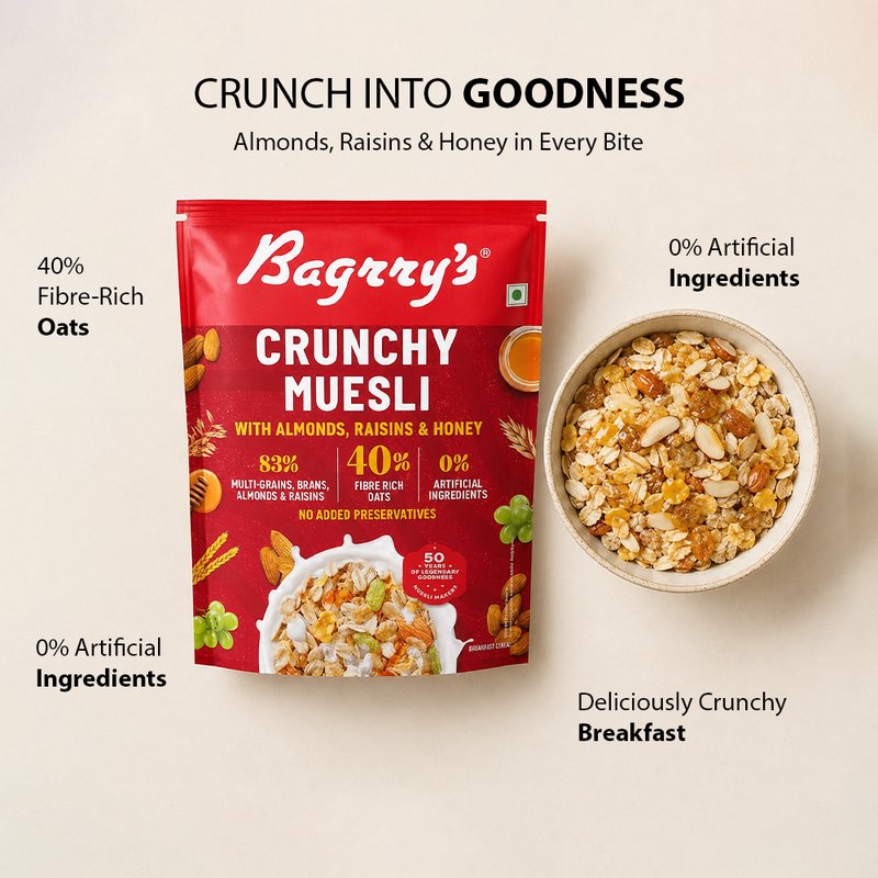 Bagrry's Crunchy Muesli Almond & Honey 425g | High-Fibre Breakfast Cereal with Whole Grains, Almonds & Honey | Crunchy Healthy Breakfast for Energy & Daily Nutrition