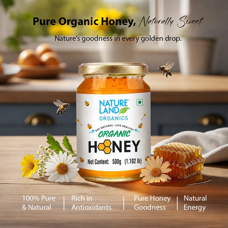 Natureland Organics Organic Honey 500g | 100% Pure Natural Honey | Rich in Antioxidants | Natural Sweetener for Tea, Toast, Smoothies & Everyday Use