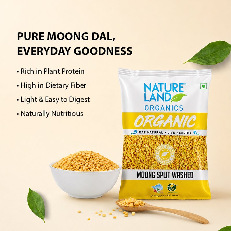 Natureland Organics Moong Split Washed 500g | 100% Organic Dhuli Moong Dal | Protein & Fibre Rich Split Yellow Lentils for Khichdi, Dal & Everyday Cooking