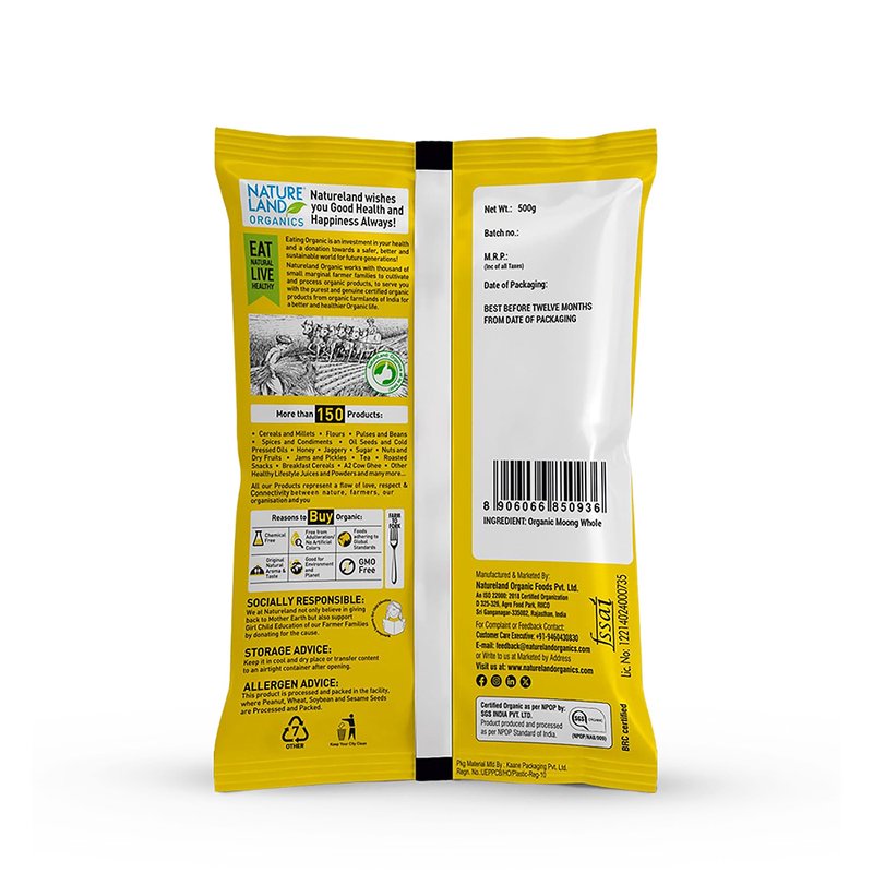 Natureland Organics Moong Split Washed 500g | 100% Organic Dhuli Moong Dal | Protein & Fibre Rich Split Yellow Lentils for Khichdi, Dal & Everyday Cooking thumbnail 2