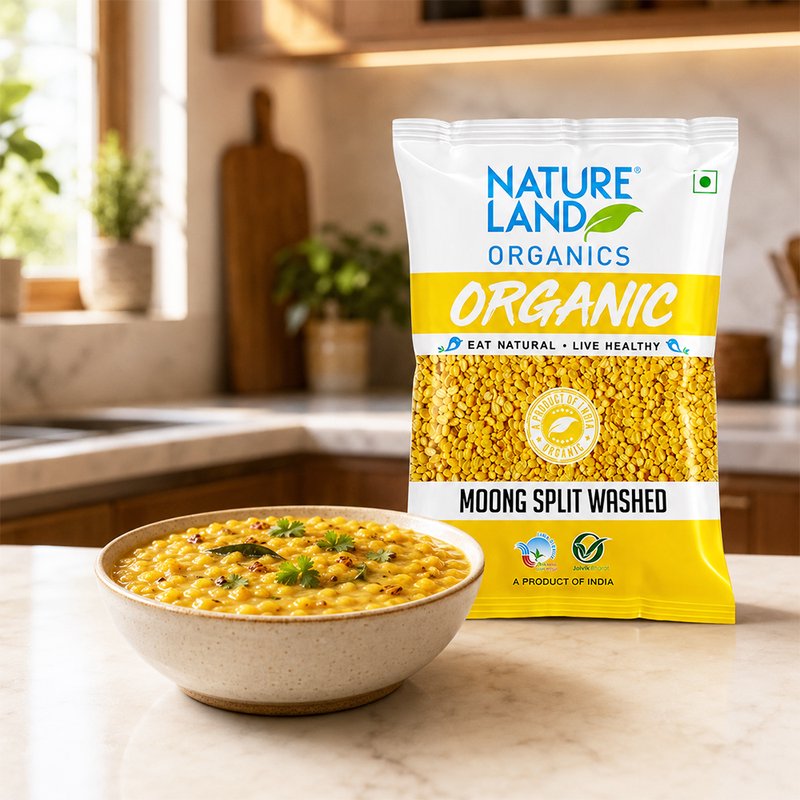 Natureland Organics Moong Split Washed 500g | 100% Organic Dhuli Moong Dal | Protein & Fibre Rich Split Yellow Lentils for Khichdi, Dal & Everyday Cooking