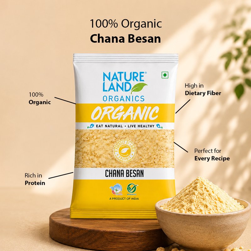 Natureland Organics Chana Besan 500g | 100% Organic Gram Flour | Protein & Fibre Rich Besan for Pakoras, Chilla, Kadhi, Sweets & Baking
