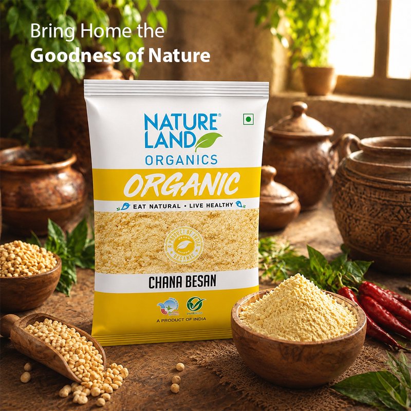 Natureland Organics Chana Besan 500g | 100% Organic Gram Flour | Protein & Fibre Rich Besan for Pakoras, Chilla, Kadhi, Sweets & Baking