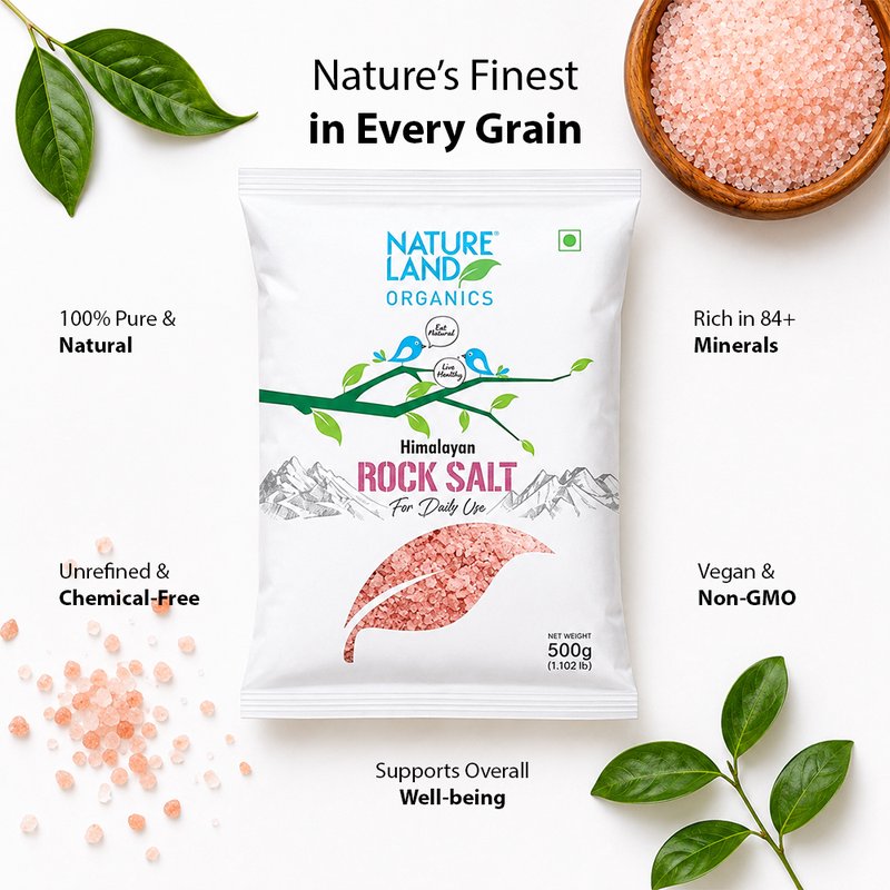 Natureland Organics Himalayan Rock Pink Salt 1kg | 100% Organic Pink Rock Salt | Naturally Mineral-Rich Salt for Everyday Cooking & Seasoning