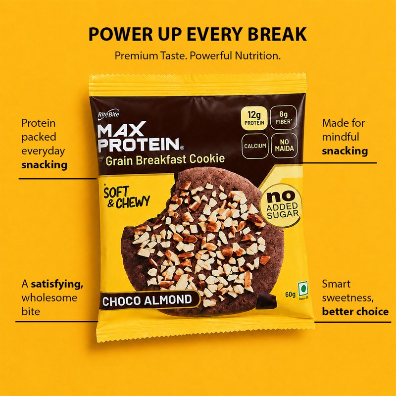 RiteBite Daily 7 Grain Breakfast Cookies Choco Almond (Pack of 1) | Made with 7 Grains, Chocolate & Almonds | High Fibre & Calcium | No Maida | No Preservatives | Crunchy Breakfast & Anytime Snack