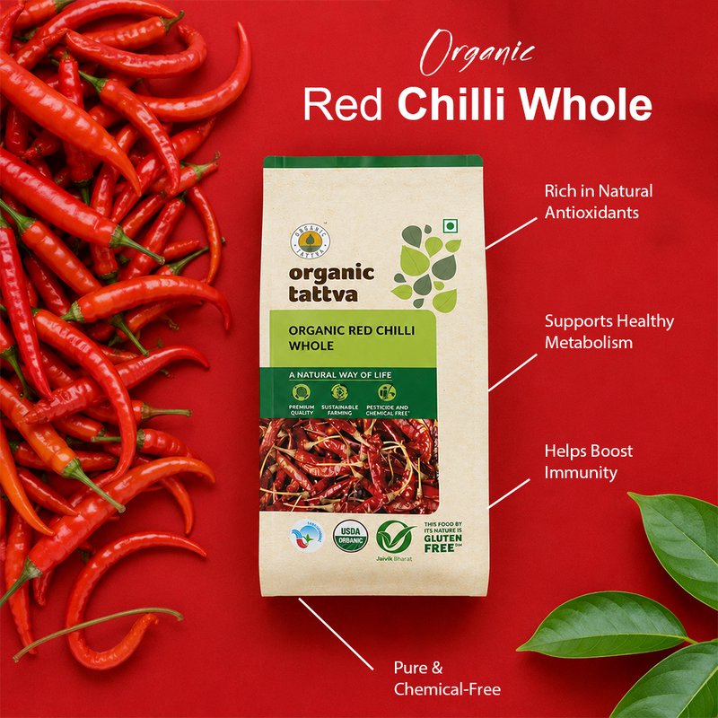 Organic Tattva Whole Red Chilli | Organic Dry Red Chilli | High Quality Whole Lal Mirch | Spicy and Aromatic Ingredient for Indian Cuisine