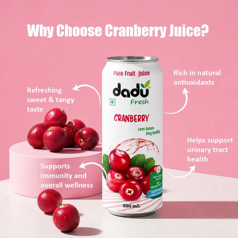 Dadu Fresh Cranberry Juice | 4 Cans Combo | 100% Natural Cranberry Fruit Juice | Antioxidant Rich Superfruit Beverage | No Added Sugar, No Preservatives & Not From Concentrate | Healthy Drink for Immunity, Urinary Tract Health, Skin Glow, Hydration & Daily Wellness | Refreshing Energy Booster Juice for Kids & Adults | Vitamin C Rich Fruit Beverage thumbnail 3
