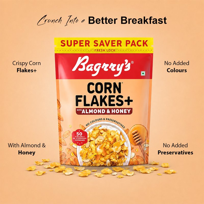 Bagrry's Corn Flakes Plus 300g | High-Fibre Breakfast Cereal with Corn & Whole Grains | Crispy Healthy Breakfast for Energy, Digestion & Daily Nutrition