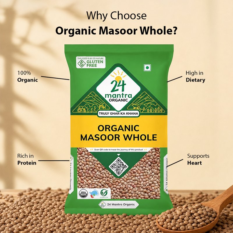 24 Mantra Organic Whole Masoor 500g | Brown Lentils | Premium Whole Lentils | Perfect for Dal, Soups & Curries