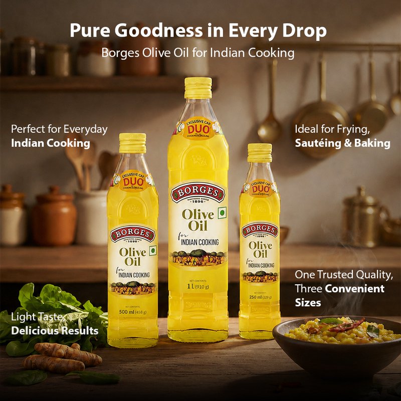 Borges Indian Cooking Oil | Premium Blended Edible Oil | Light & Versatile Cooking Oil | Ideal for Frying, Sautéing & Everyday Indian Cooking | Glass Bottle