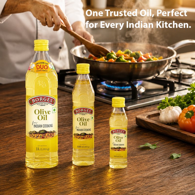 Borges Indian Cooking Oil | Premium Blended Edible Oil | Light & Versatile Cooking Oil | Ideal for Frying, Sautéing & Everyday Indian Cooking | Glass Bottle