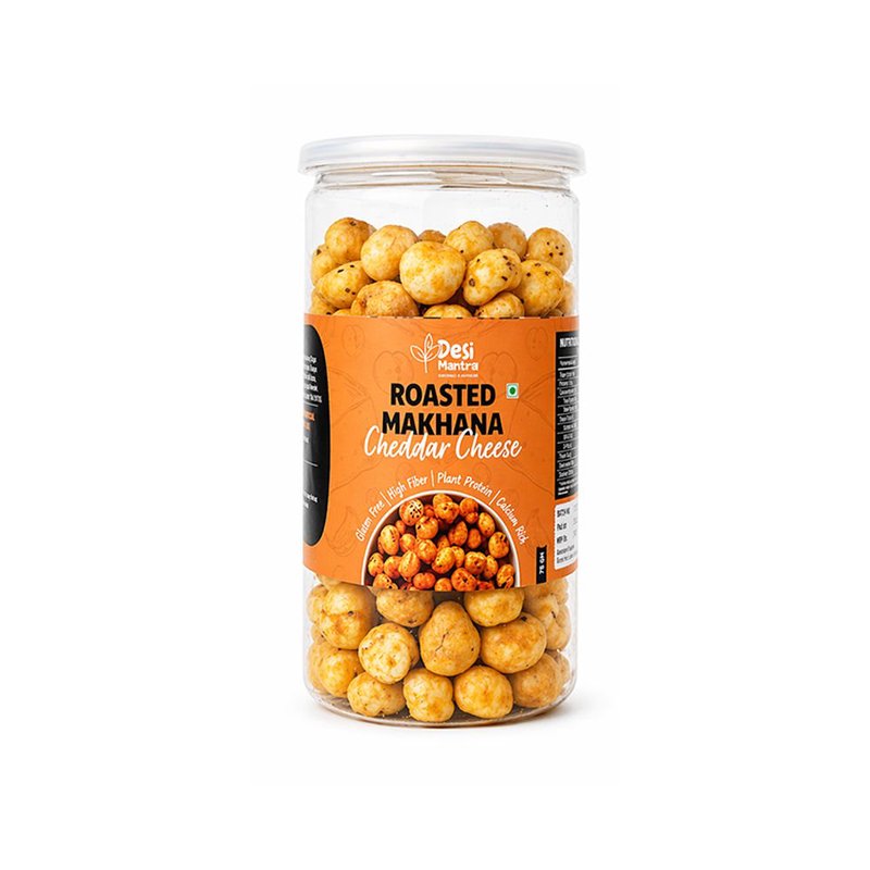Desi Mantra Roasted Makhana Cheddar Cheese | Crunchy Cheese Flavored Fox Nuts Snack | Light & Healthy Roasted Makhana | Rich in Protein & Fiber | Perfect for Guilt-Free Munching
