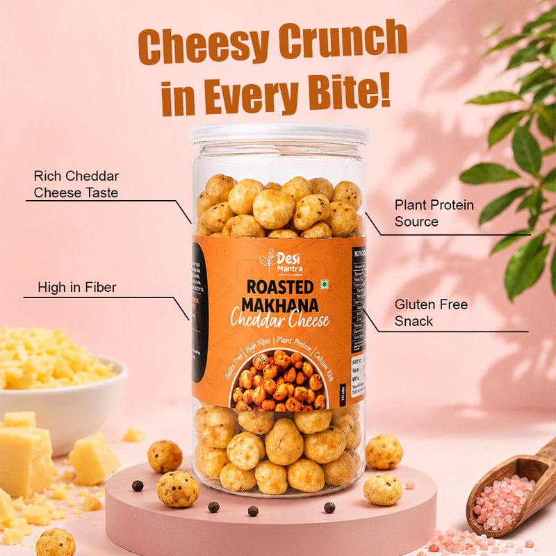 Desi Mantra Roasted Makhana Cheddar Cheese | Crunchy Cheese Flavored Fox Nuts Snack | Light & Healthy Roasted Makhana | Rich in Protein & Fiber | Perfect for Guilt-Free Munching thumbnail 5