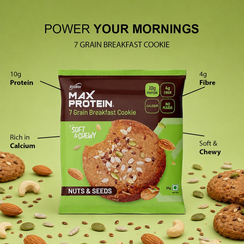 RiteBite Daily 7 Grain Breakfast Cookies Nuts & Seeds (Pack of 1) | Made with 7 Grains, Mixed Nuts & Seeds | High Fibre & Calcium | No Maida | No Preservatives | Crunchy Breakfast & Anytime Snack