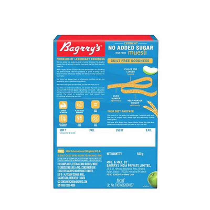 Bagrry’s No Added Sugar Crunchy Muesli 1 KG | High Fiber Healthy Breakfast Cereal | Crunchy Blend of Whole Grains, Nuts & Seeds | Perfect for Daily Nutrition